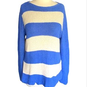 CHICO'S L BLUE & WHITE METALLIC THREAD STRIPPED KNIT SWEATER